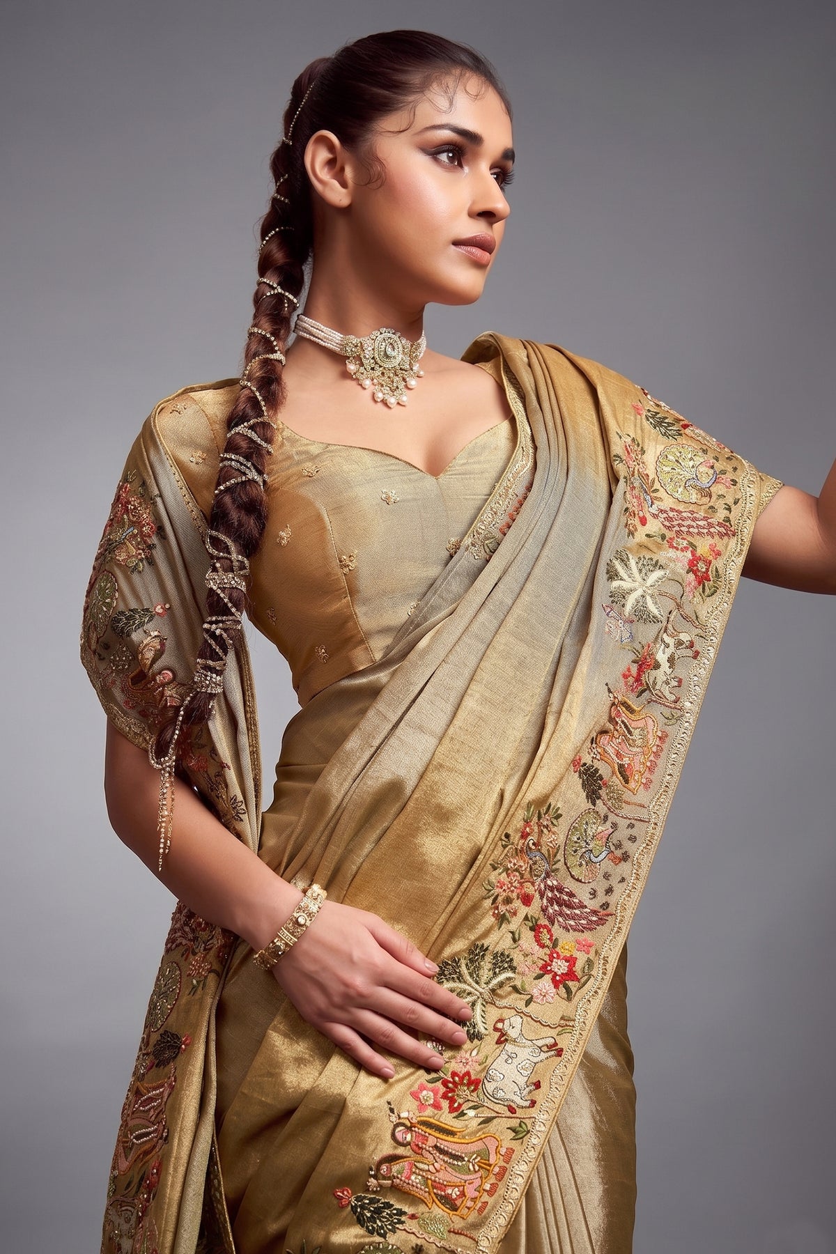 Golden Viscose Silk Embroidered Saree