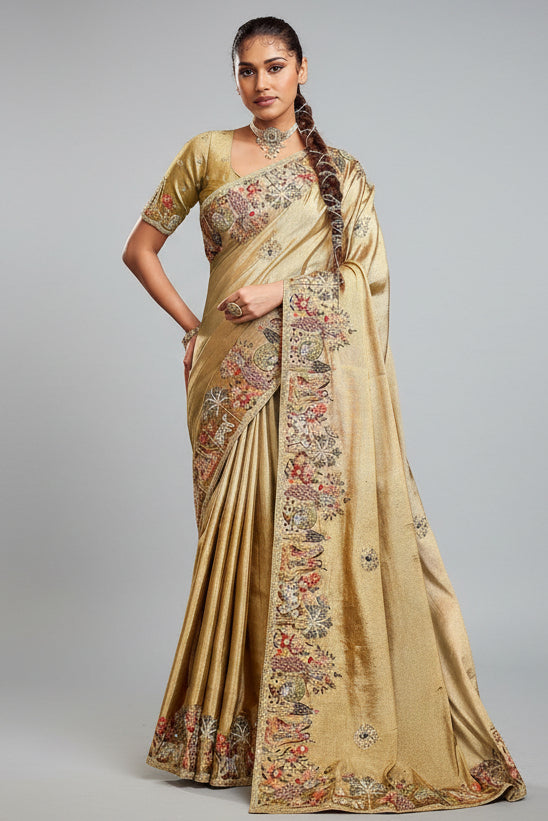 Golden Viscose Silk Embroidered Saree