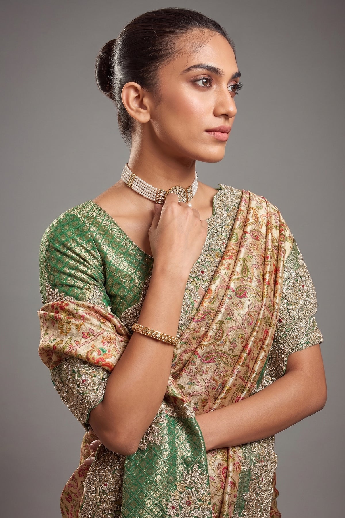 Golden and Green Silk Woven Saree with Embroidery