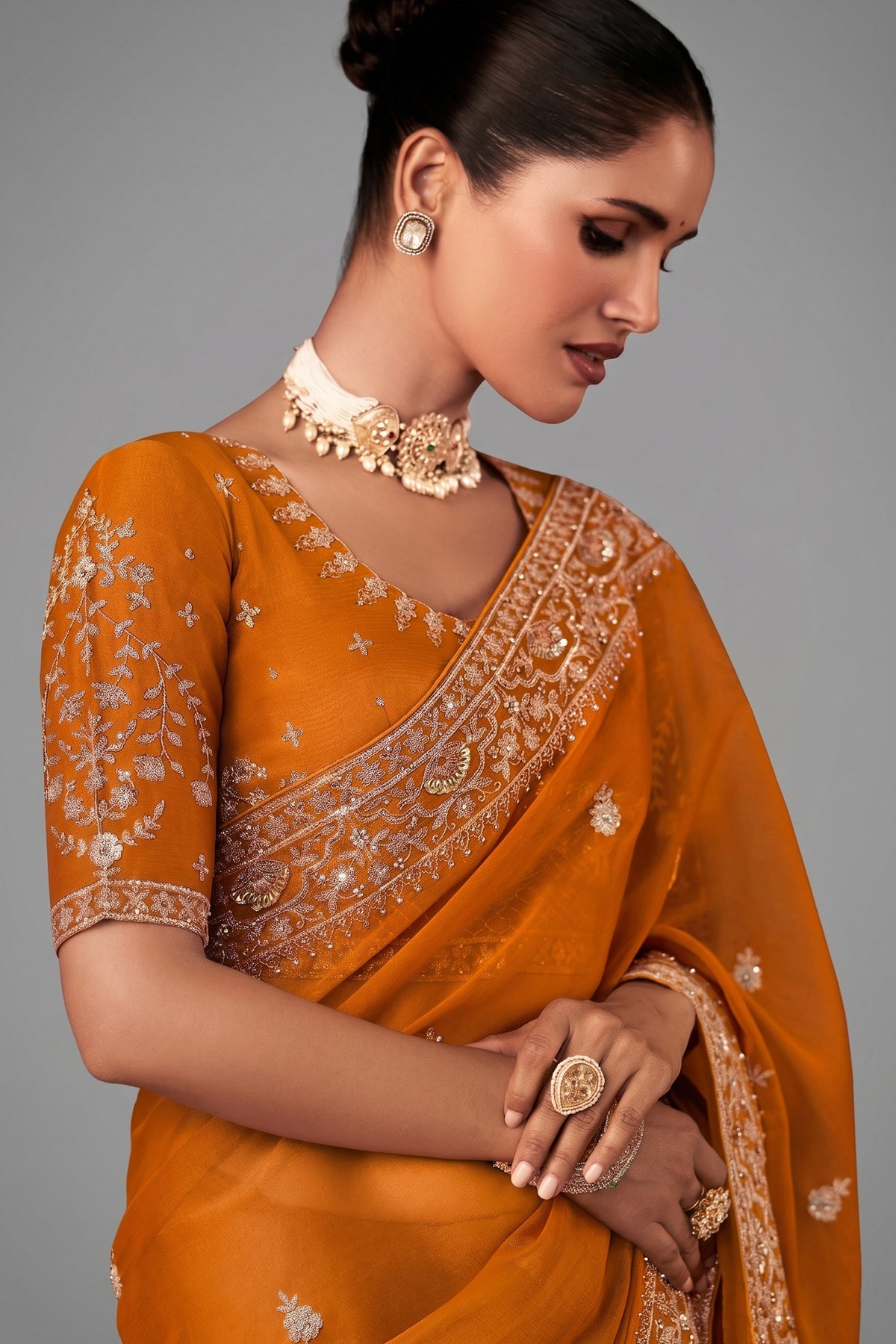 Mustard Yellow Georgette Chiffon Saree with Embroidery