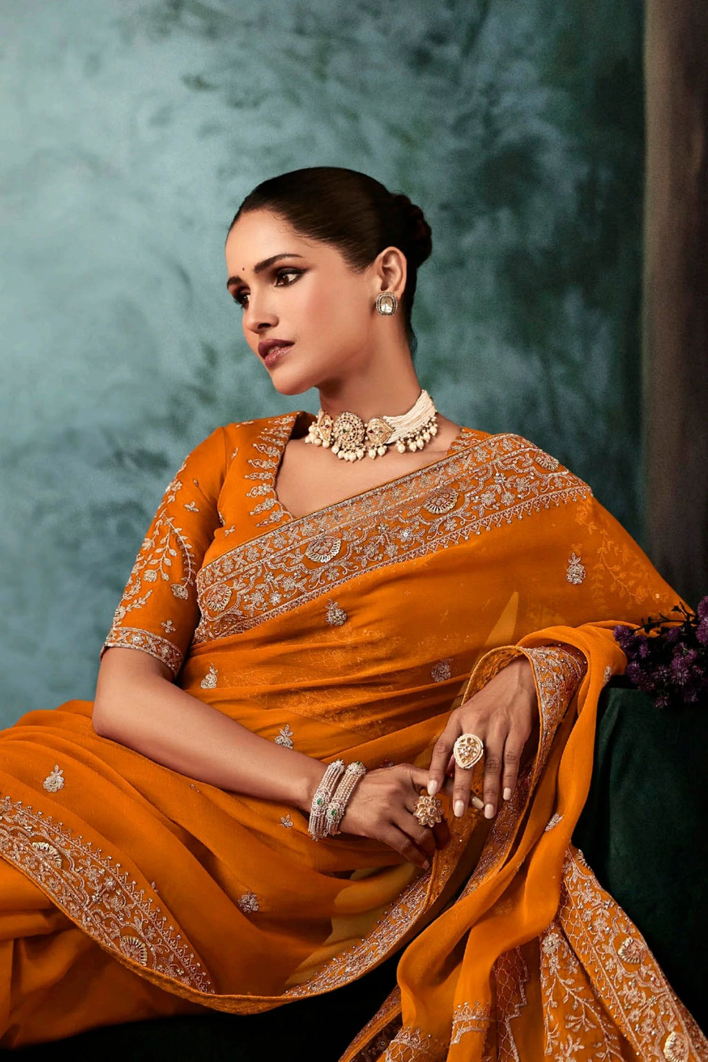Mustard Yellow Georgette Chiffon Saree with Embroidery
