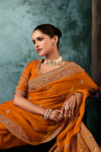 Mustard Yellow Georgette Chiffon Saree with Embroidery