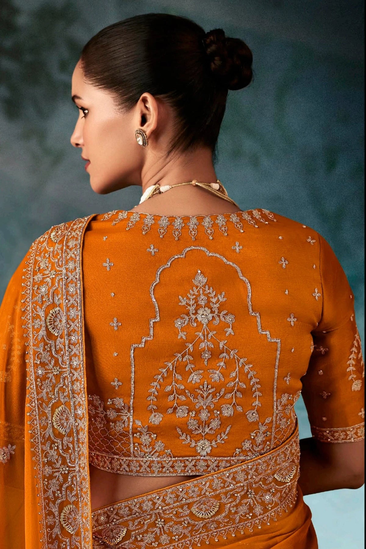 Mustard Yellow Georgette Chiffon Saree with Embroidery