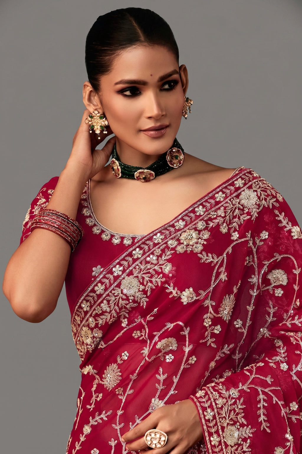Maroon Organza Saree with Sequin Embroidery Work