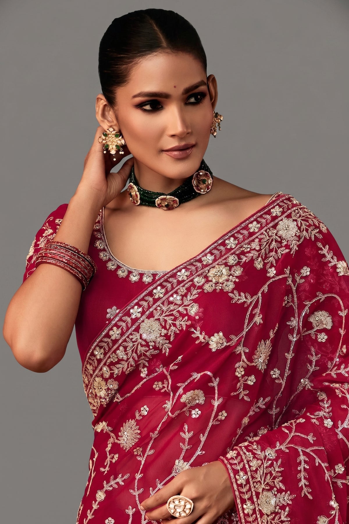 Maroon Organza Saree with Sequin Embroidery Work