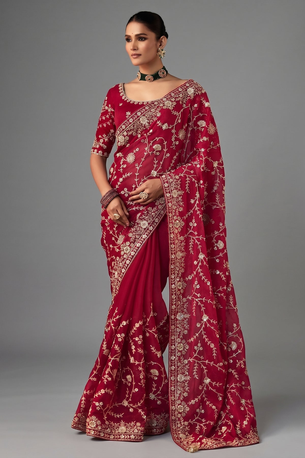 Maroon Organza Saree with Sequin Embroidery Work