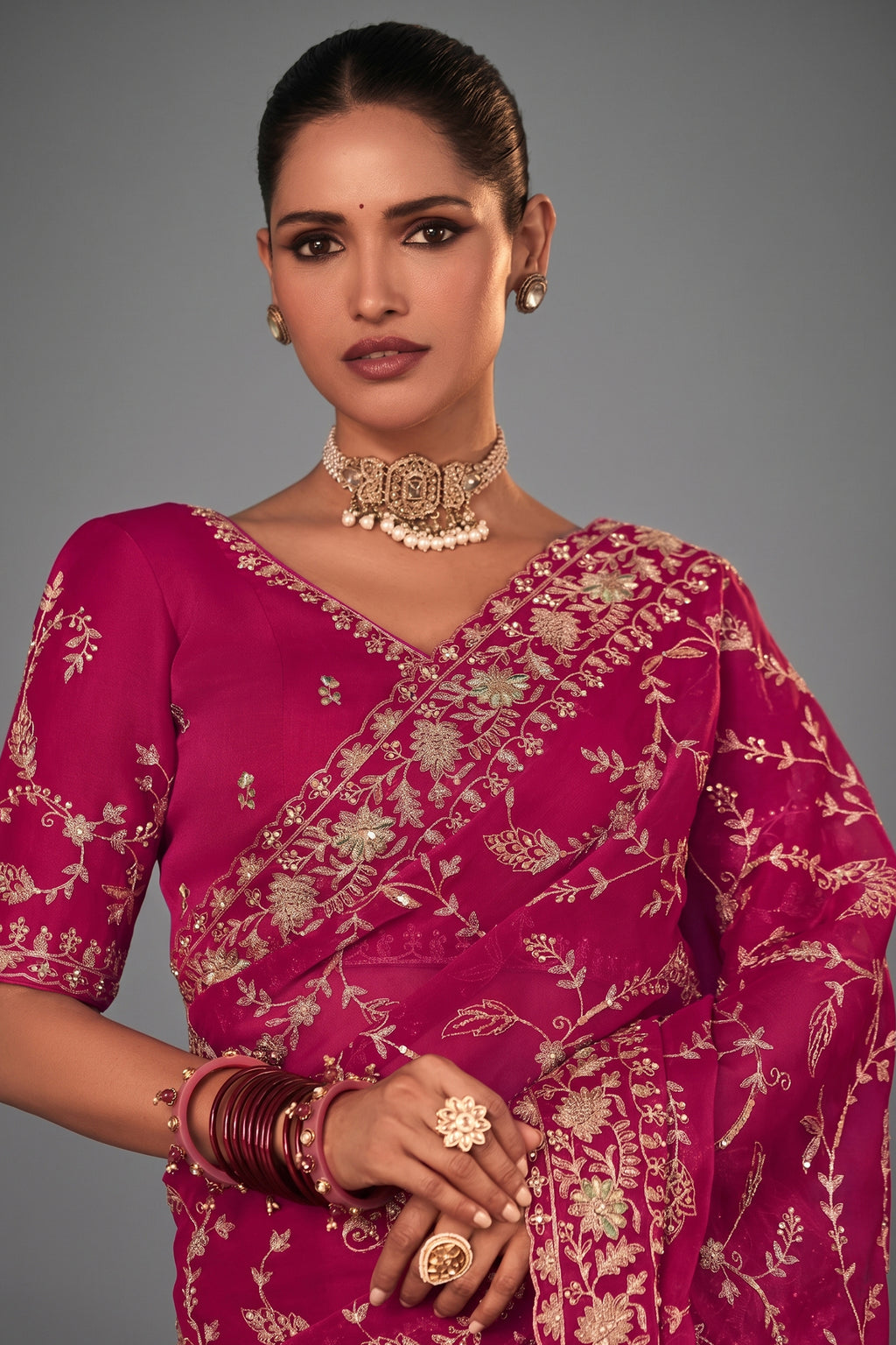 Pink Organza Saree with Sequin Embroidery Work