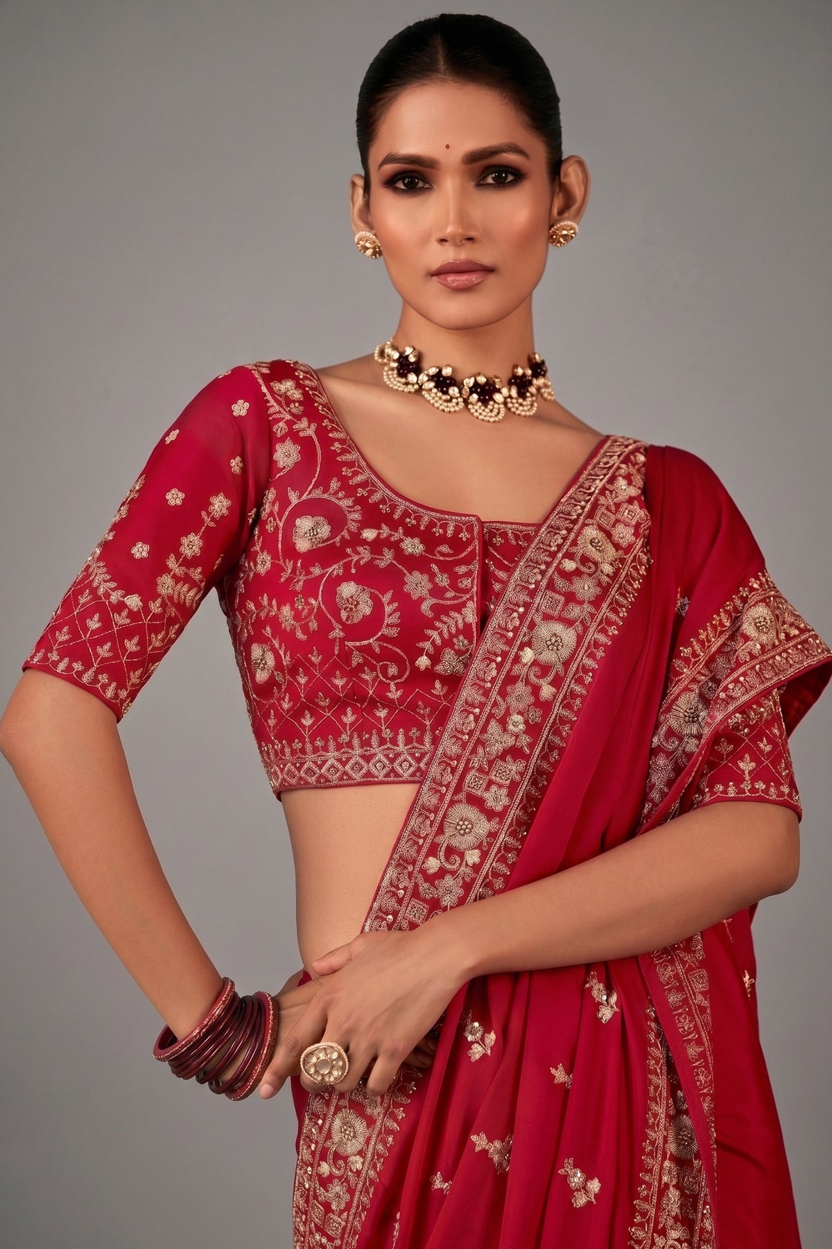 Red Georgette Satin Crepe Saree with Sequin Embroidery Work
