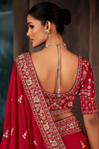 Red Georgette Satin Crepe Saree with Sequin Embroidery Work