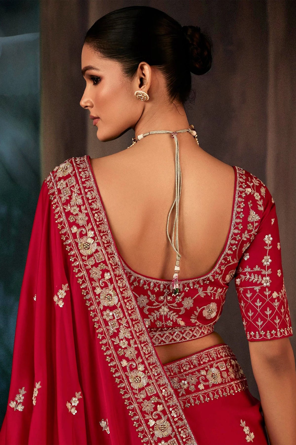 Red Georgette Satin Crepe Saree with Sequin Embroidery Work