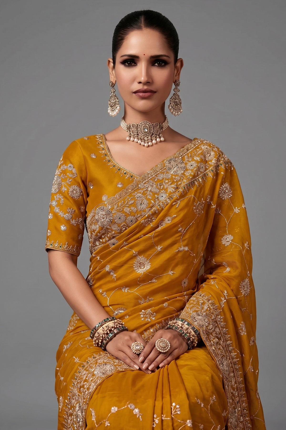 Yellow Organza Saree with Sequin Embroidery Work