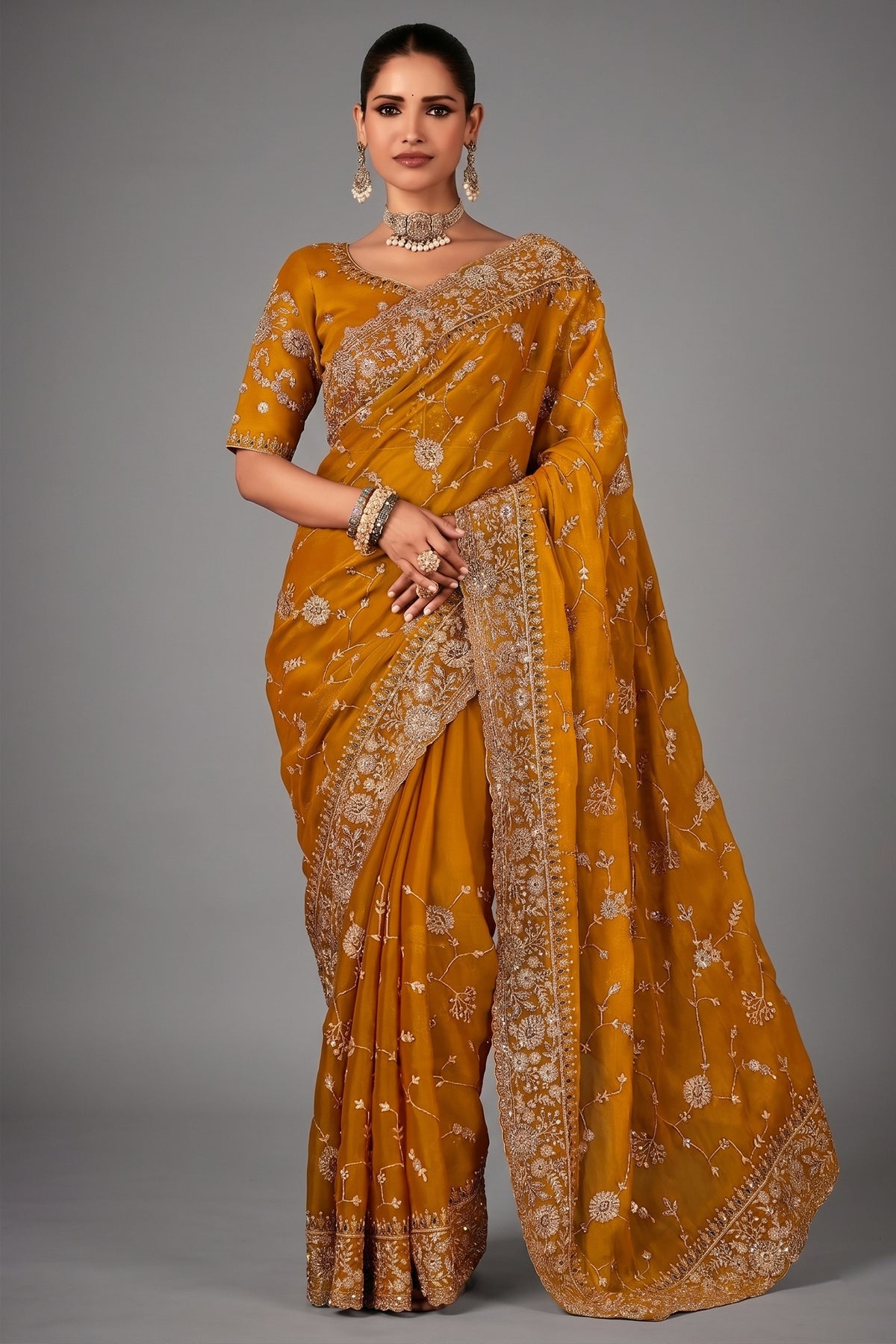 Yellow Organza Saree with Sequin Embroidery Work