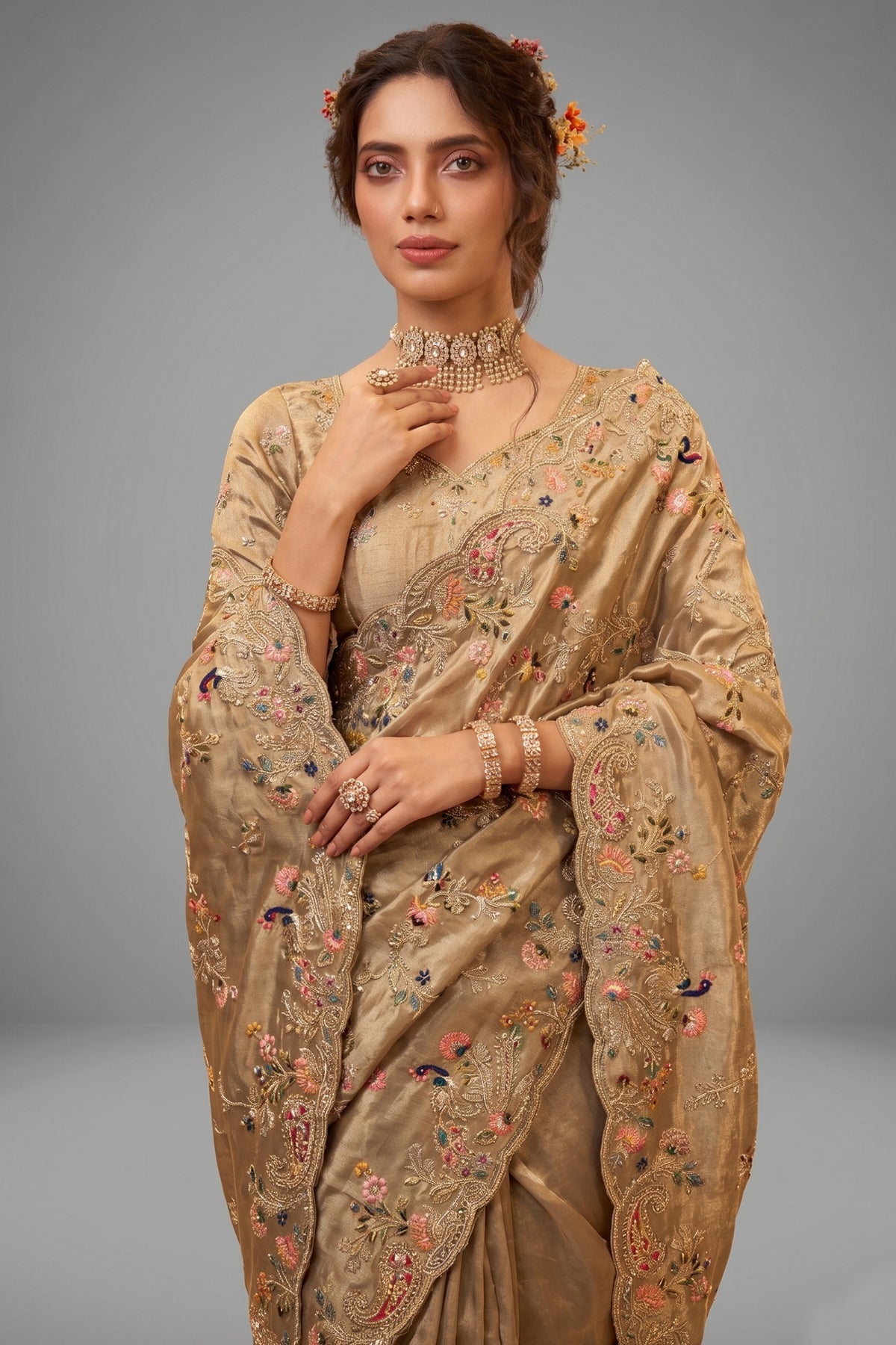 Beige Viscose Silk Embroidered Saree