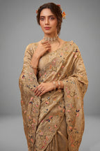 Beige Viscose Silk Embroidered Saree