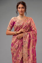 Dark Pink Viscose Silk Embroidered Saree