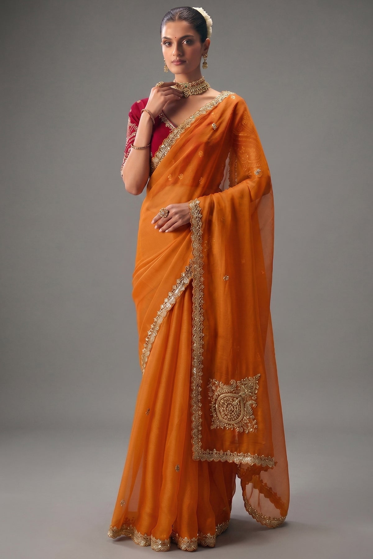 Orange Viscose Chiffon Saree With Embroidered Border And Sequin Work