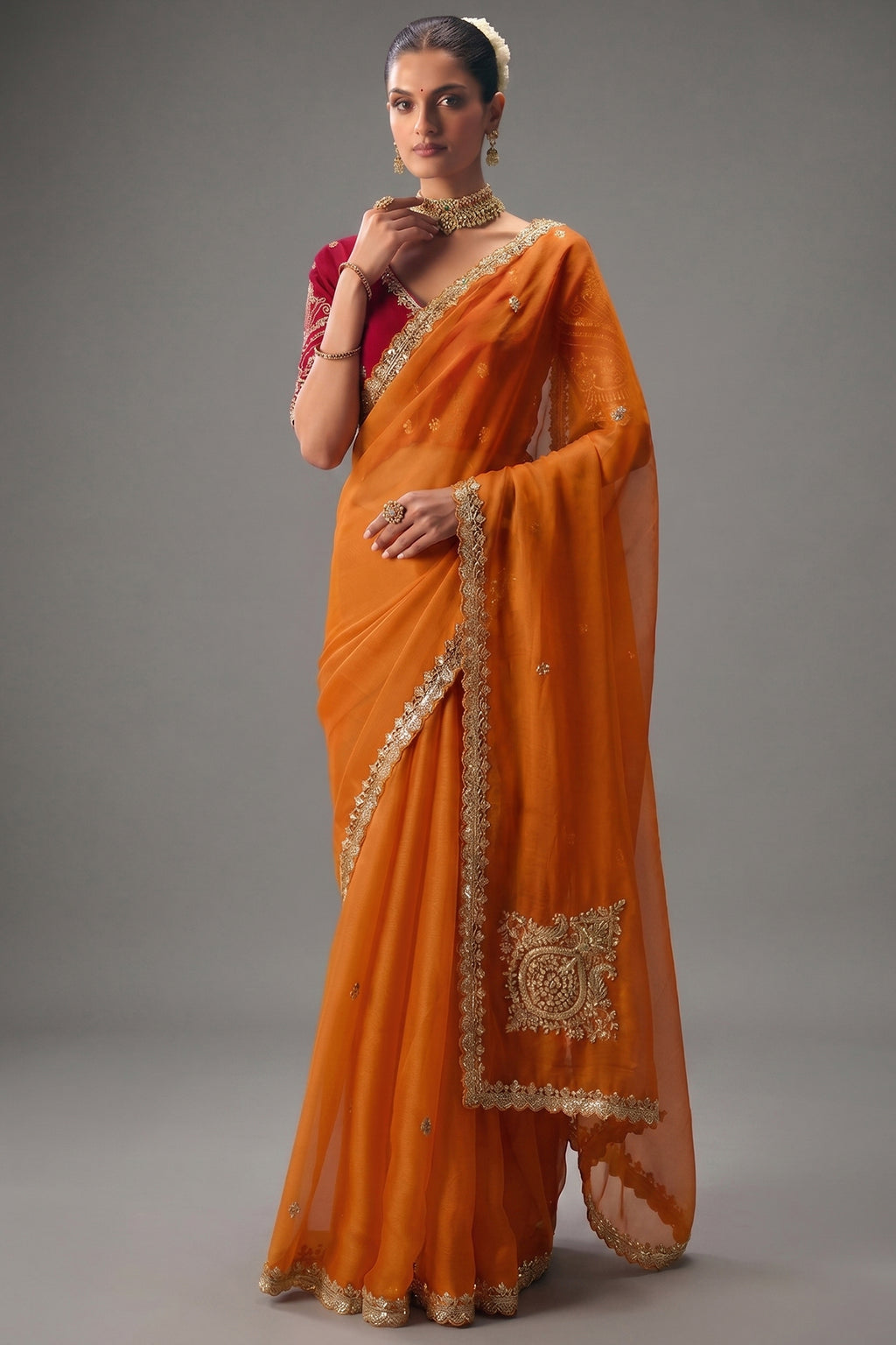 Orange Viscose Chiffon Saree With Embroidered Border And Sequin Work