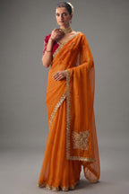 Orange Viscose Chiffon Saree With Embroidered Border And Sequin Work