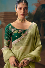 Pista Green Viscose Chiffon Saree With Floral Embroidery And Zari Border view 5