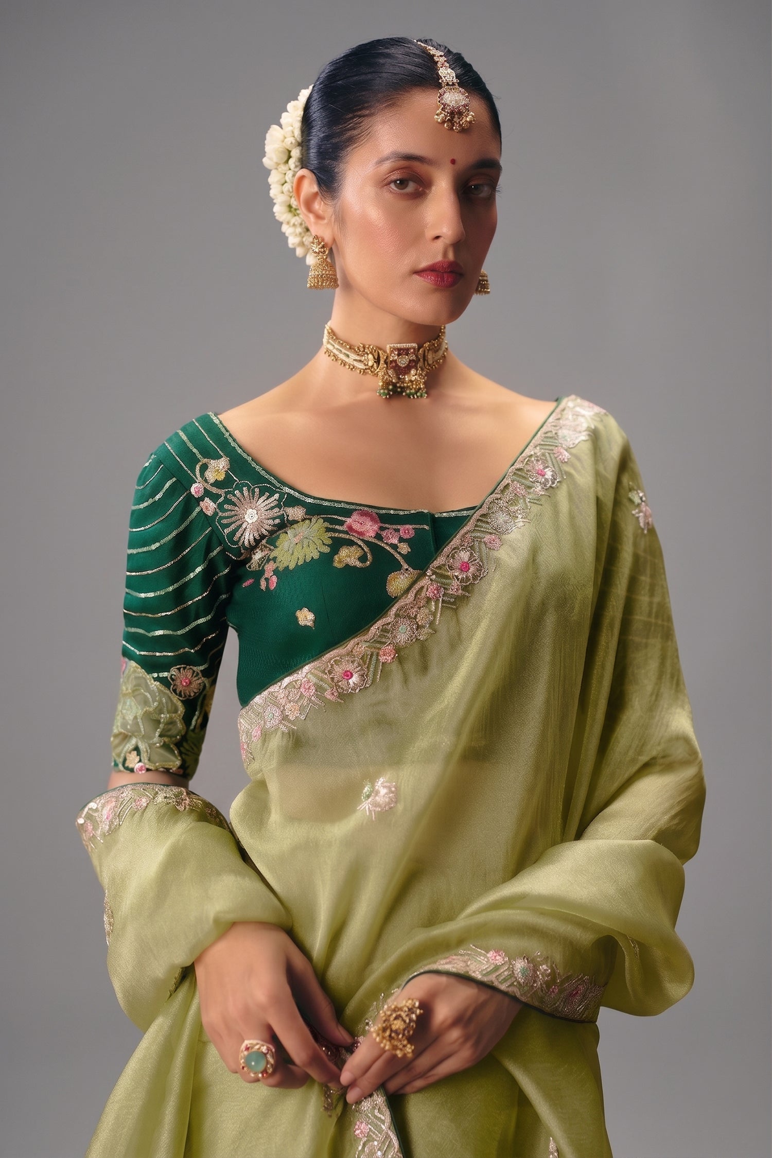 Pista Green Viscose Chiffon Saree With Floral Embroidery And Zari Border