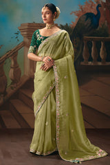 Pista Green Viscose Chiffon Saree With Floral Embroidery And Zari Border view 4