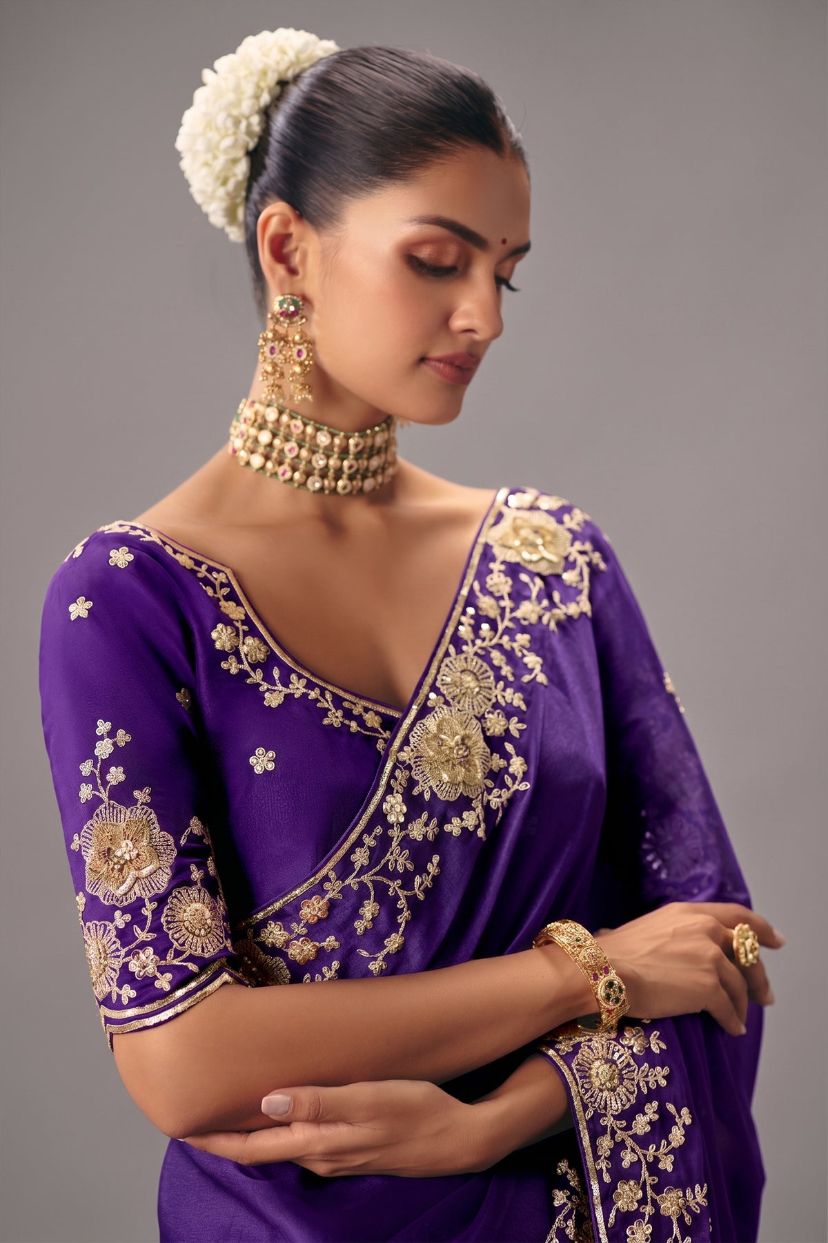 Royal Purple Viscose Chiffon Saree With All Over Embroidery In Zari And Sequins