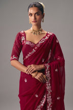 Maroon Viscose Chiffon Saree With Rich Floral Embroidery And Sequin Work