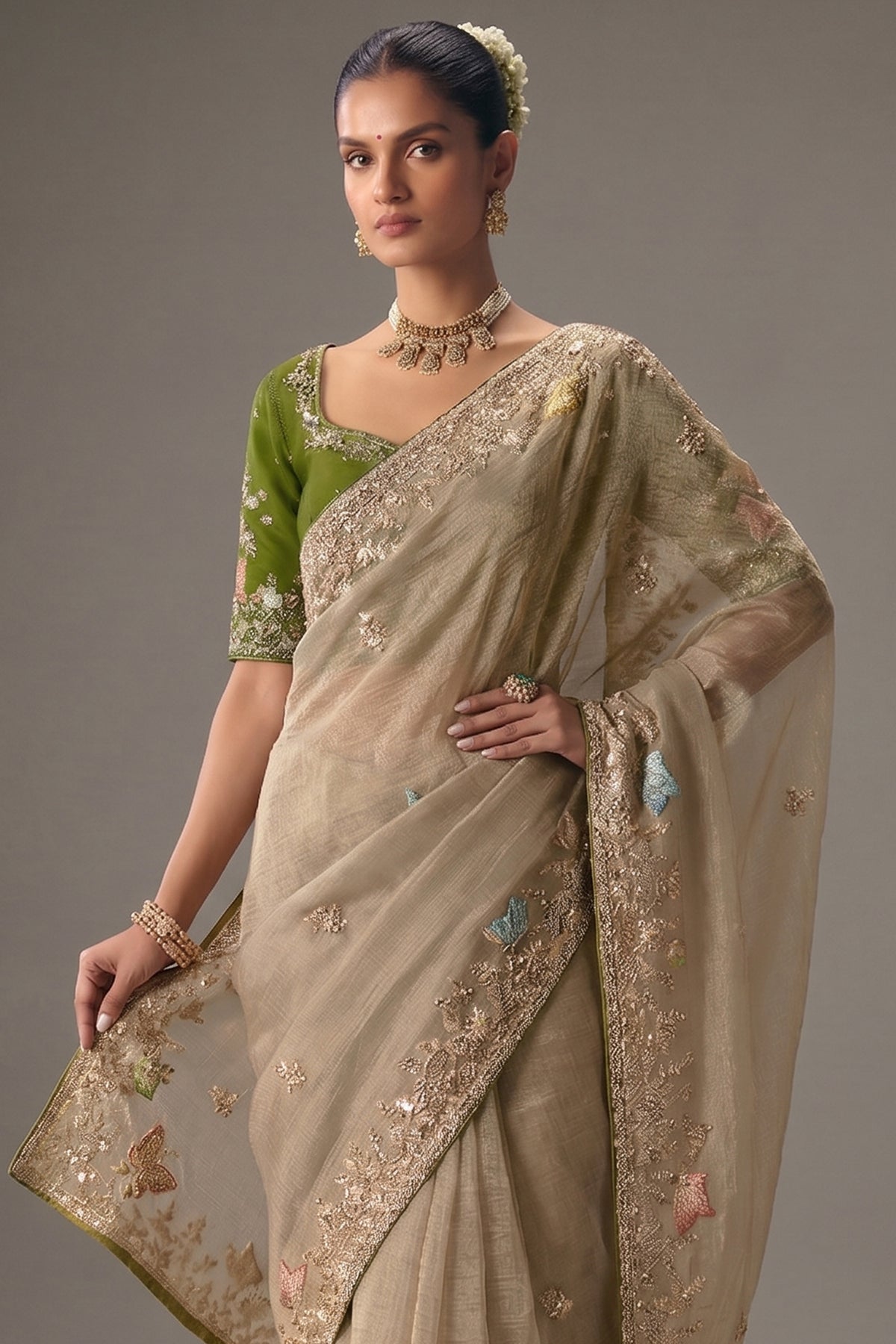 Beige Viscose Chiffon Saree With Elegant Embroidery