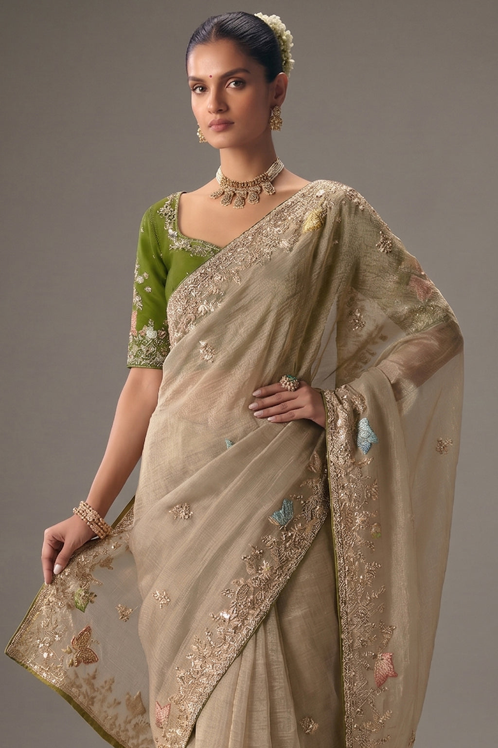Beige Viscose Chiffon Saree With Elegant Embroidery