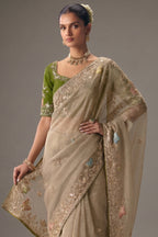 Beige Viscose Chiffon Saree With Elegant Embroidery