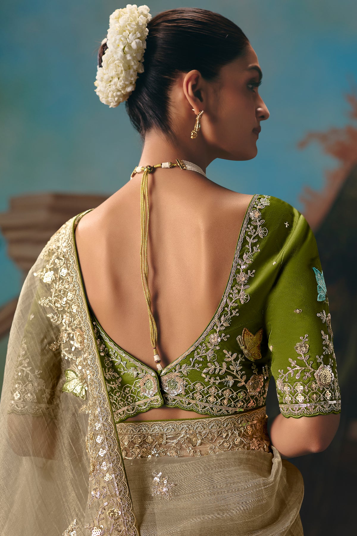 Beige Viscose Chiffon Saree With Elegant Embroidery