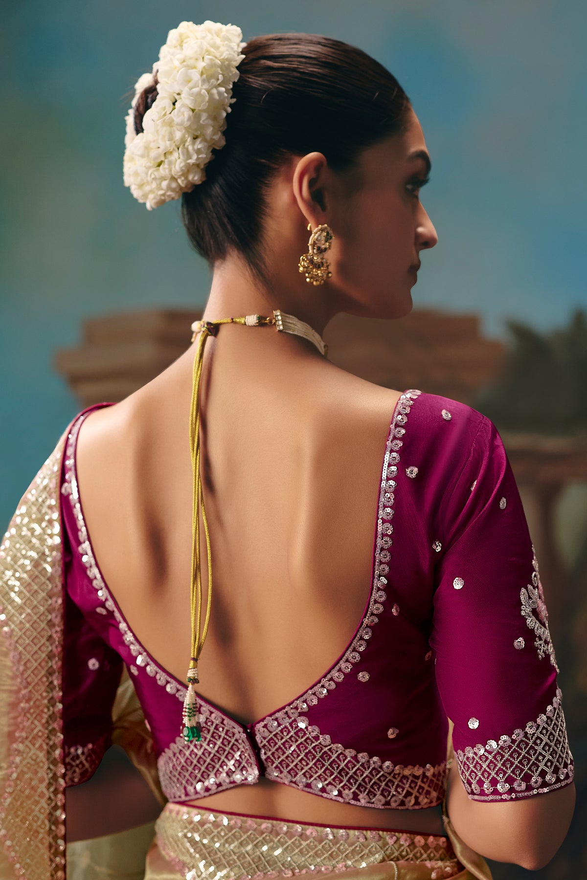 Peach Gold Viscose Chiffon Saree With Heavy Zari And Thread Embroidery