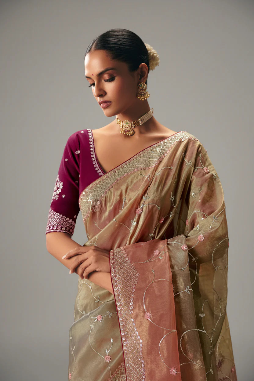 Peach Gold Viscose Chiffon Saree With Heavy Zari And Thread Embroidery