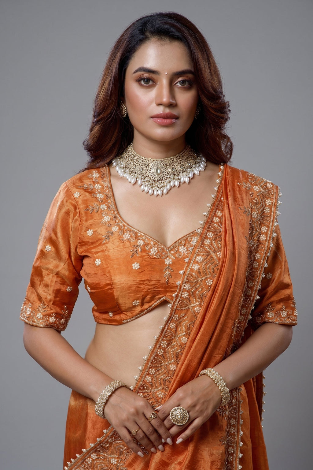 Saree with Readymade Orange Blouse