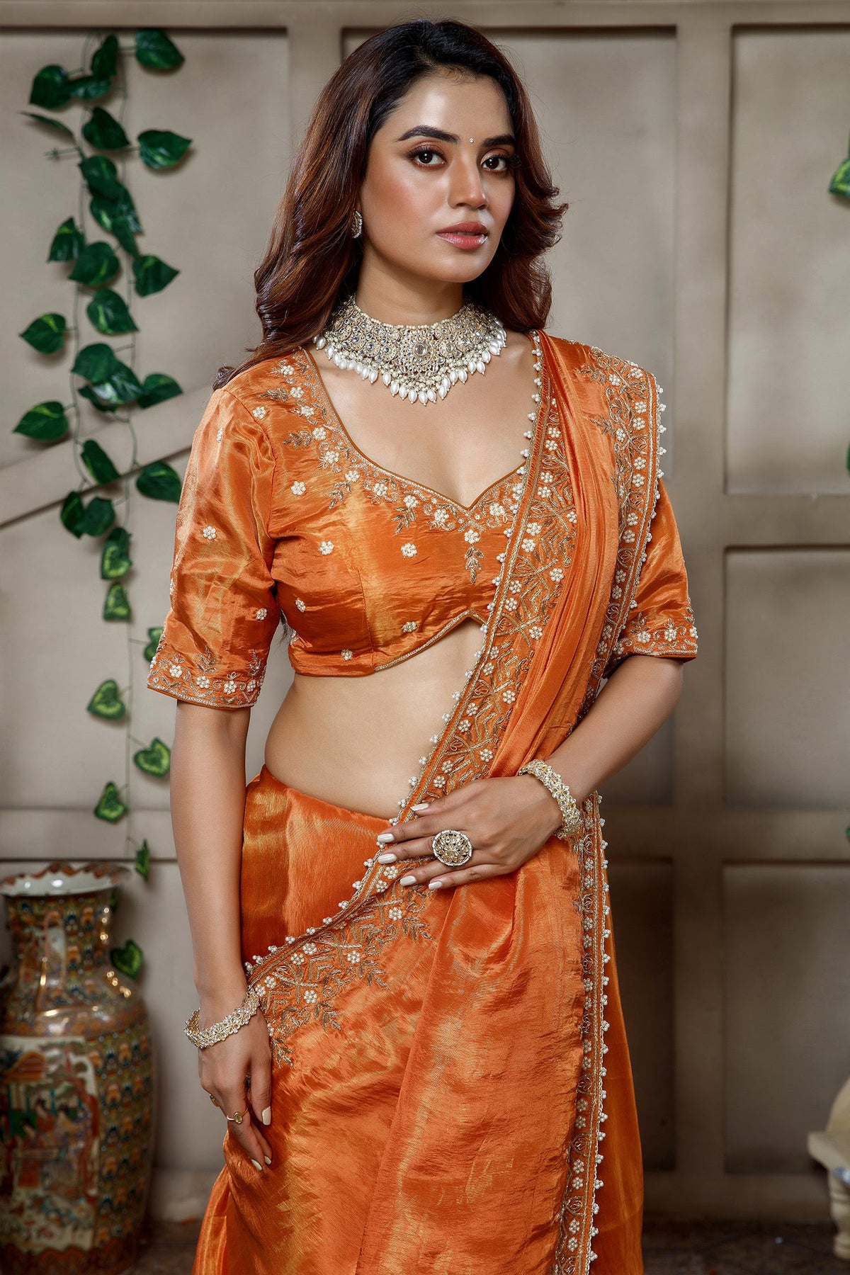Orange Tissue Dola Silk Solid Saree with Readymade Blouse and Beaded and Zardosi Worked Border - orange silk saree