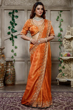 Orange Tissue Dola Silk Solid Saree with Readymade Blouse and Beaded and Zardosi Worked Border - orange silk saree