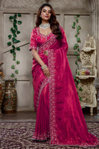 Rani Pink Tissue Dola Silk Solid Saree with Readymade Blouse and Beaded and Zardosi Worked Border - pink silk saree