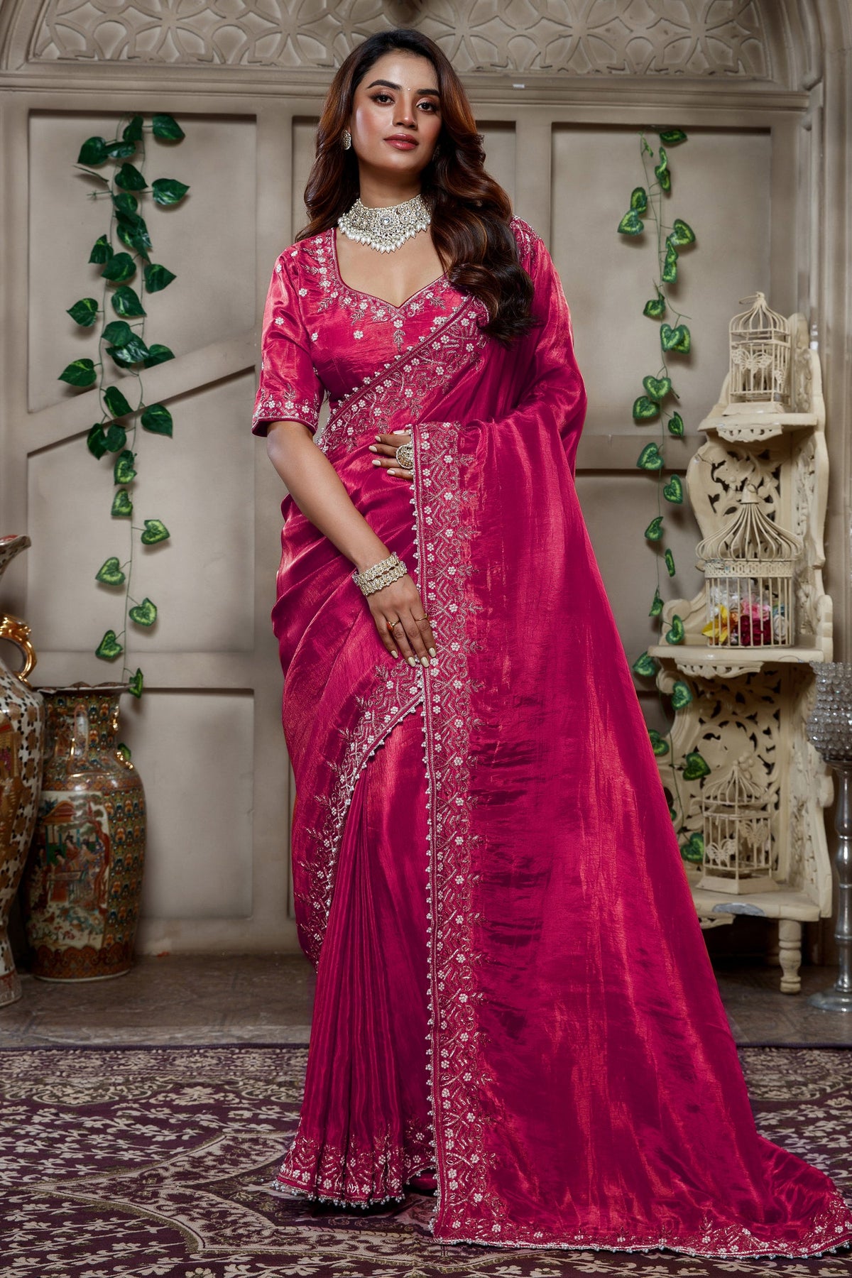 Rani Pink Tissue Dola Silk Solid Saree with Readymade Blouse and Beaded and Zardosi Worked Border - pink silk saree