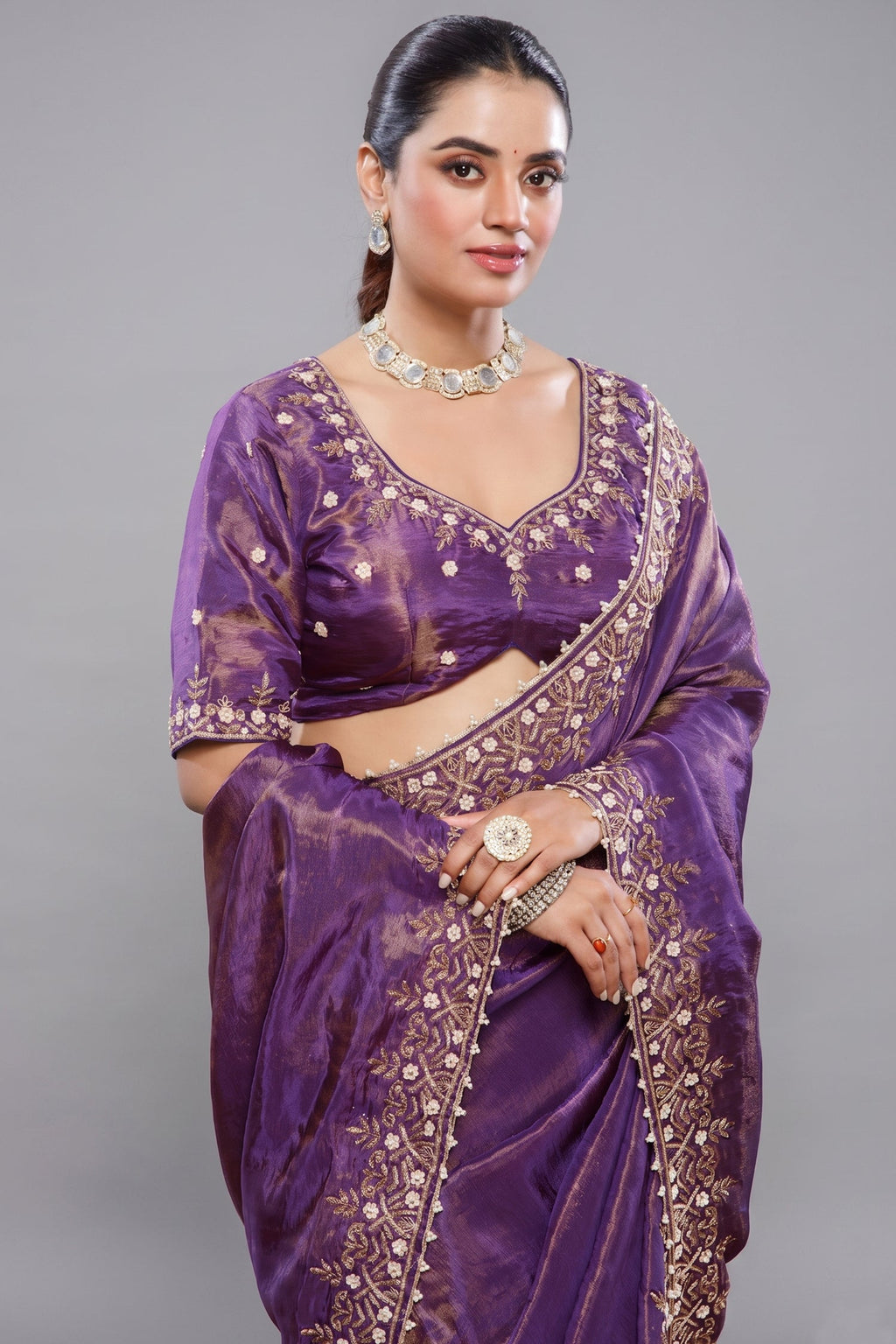 Saree with Readymade Purple Blouse