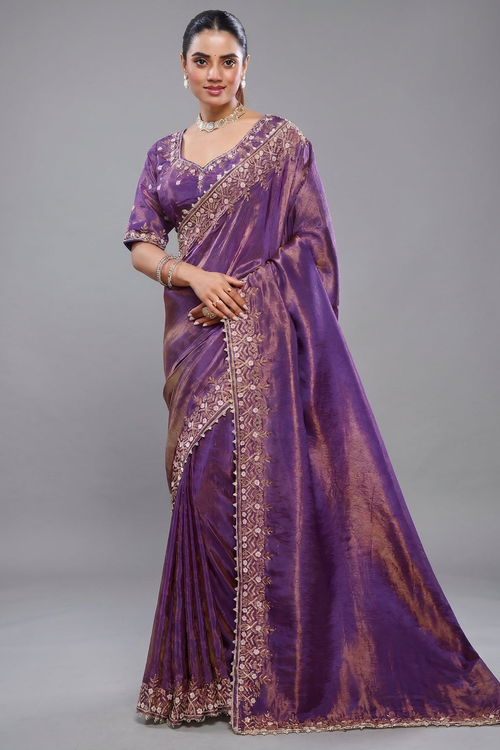 Purple Tissue Dola Silk Solid Saree