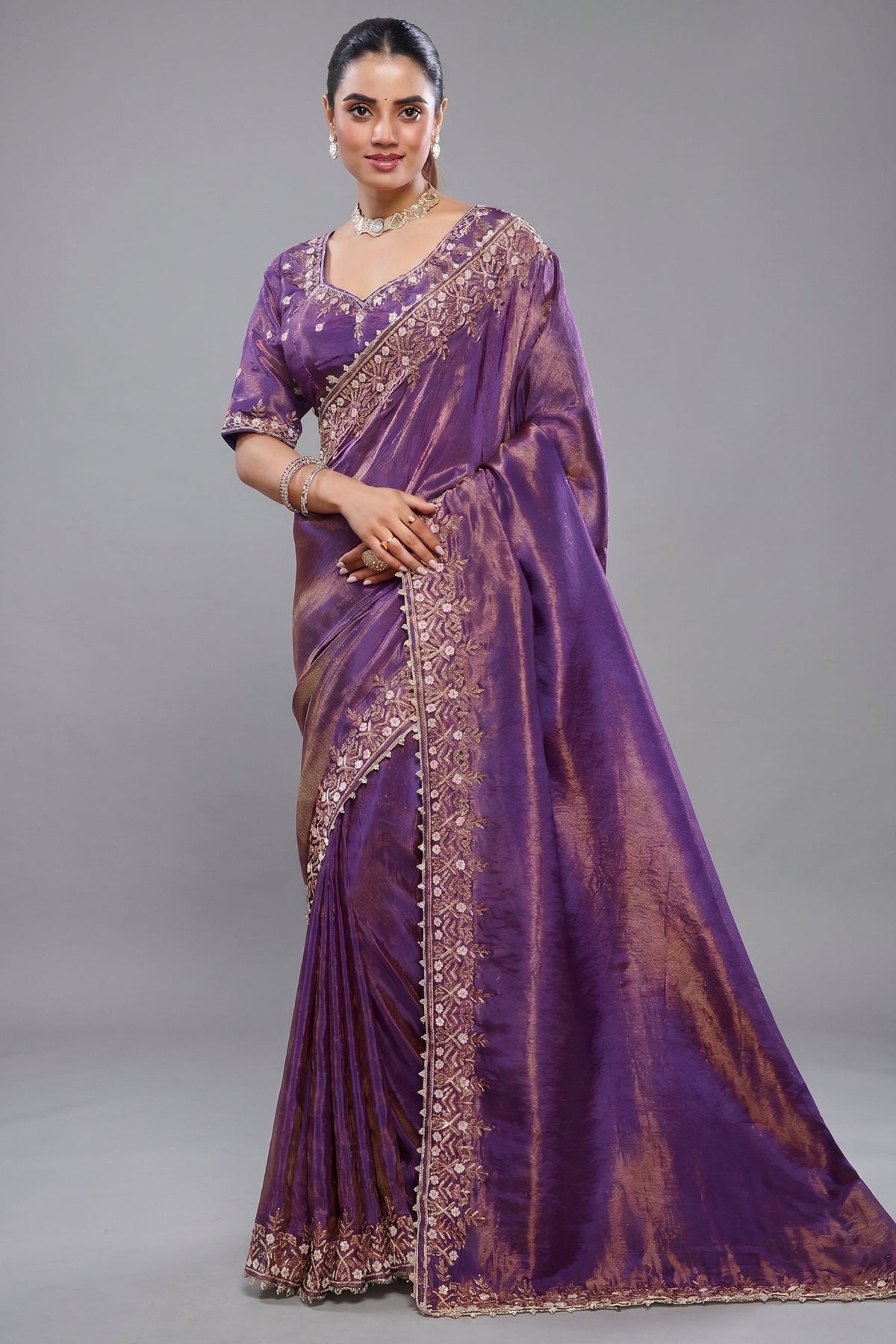 Purple Tissue Dola Silk Solid Saree