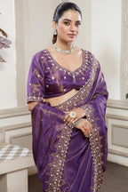 Purple Tissue Dola Silk Solid Saree with Readymade Blouse and Beaded and Zardosi Worked Border - purple silk saree