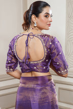 Purple Tissue Dola Silk Solid Saree with Readymade Blouse and Beaded and Zardosi Worked Border - purple silk saree