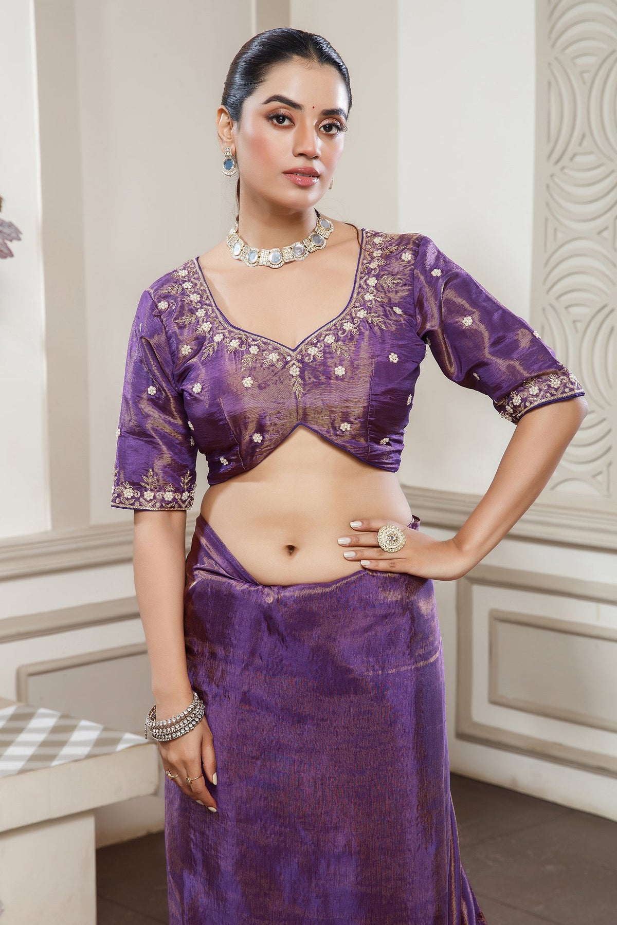 Purple Tissue Dola Silk Solid Saree with Readymade Blouse and Beaded and Zardosi Worked Border - purple silk saree