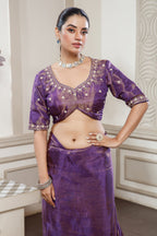 Purple Tissue Dola Silk Solid Saree with Readymade Blouse and Beaded and Zardosi Worked Border - purple silk saree