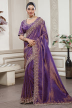 Purple Tissue Dola Silk Solid Saree with Readymade Blouse and Beaded and Zardosi Worked Border - purple silk saree