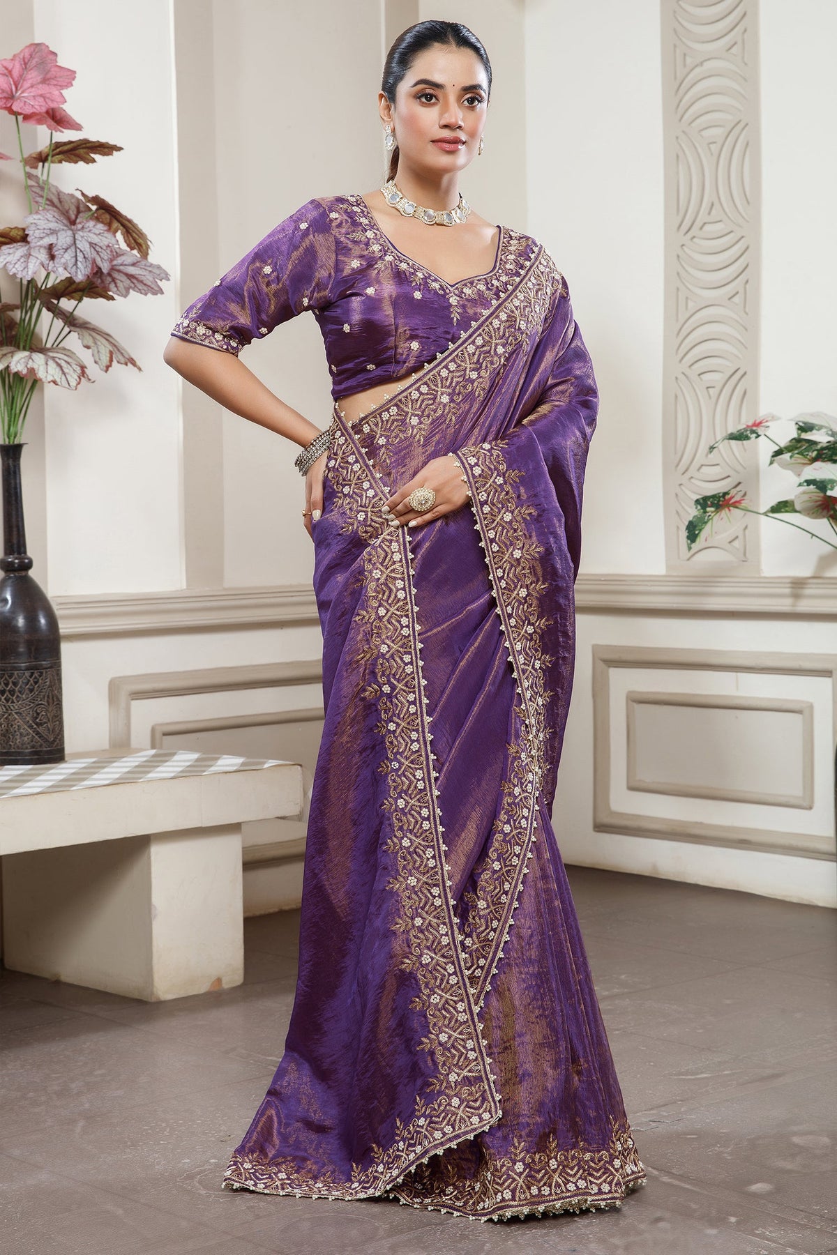 Purple Tissue Dola Silk Solid Saree with Readymade Blouse and Beaded and Zardosi Worked Border - purple silk saree