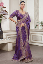 Purple Tissue Dola Silk Solid Saree with Readymade Blouse and Beaded and Zardosi Worked Border - purple silk saree