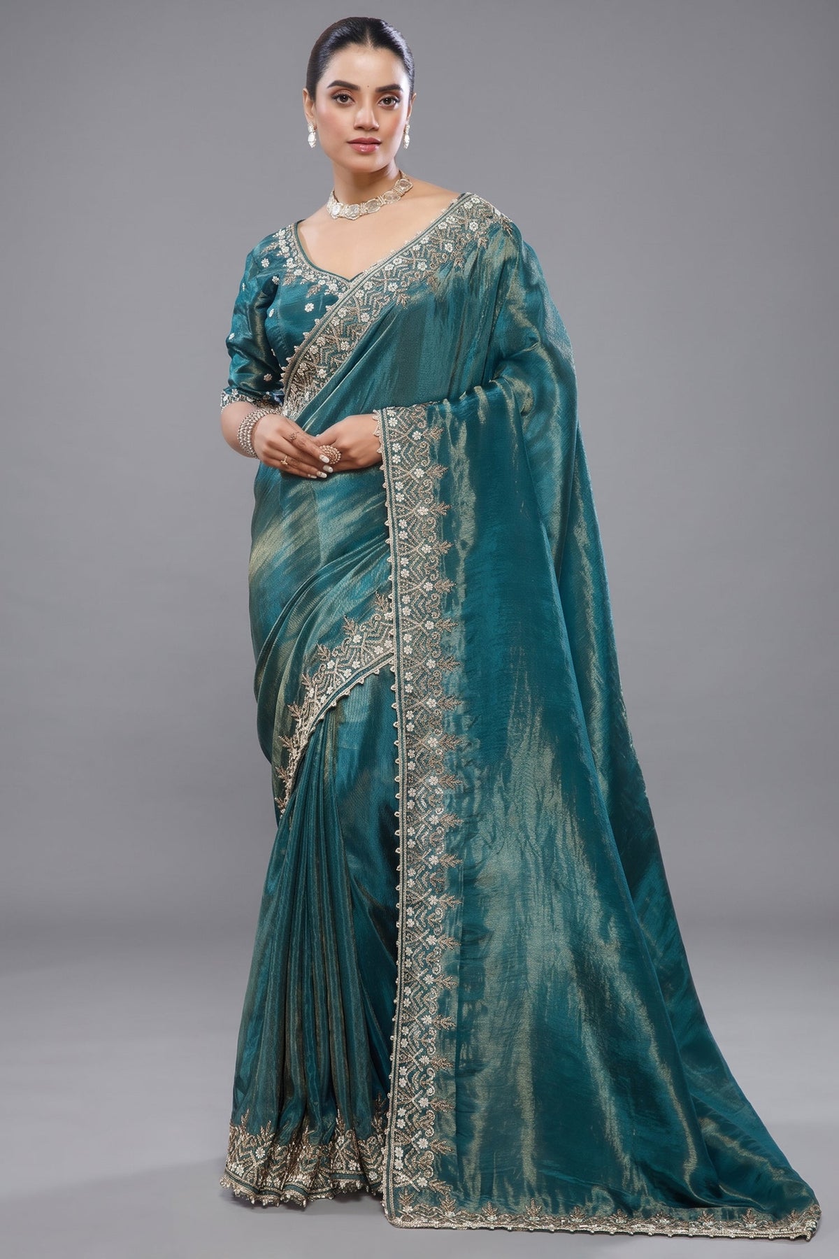 Peacock Blue Tissue Dola Silk Solid Saree