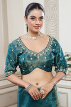 Peacock Blue Tissue Dola Silk Solid Saree with Readymade Blouse and Beaded and Zardosi Worked Border - blue silk saree